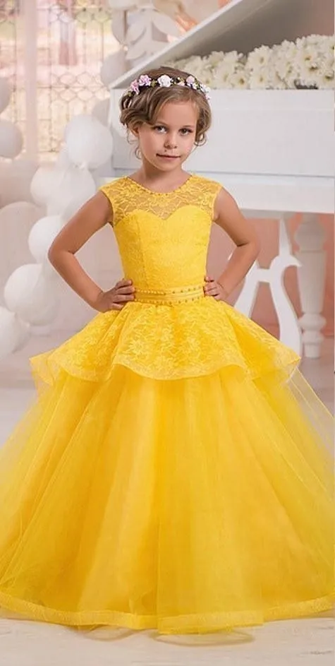 黄色のかわいい花の女の子のドレスシアークルーネックノースリーブコルセットバックティアスカートプリンセスキッズプロムパーティーガウン結婚式302b