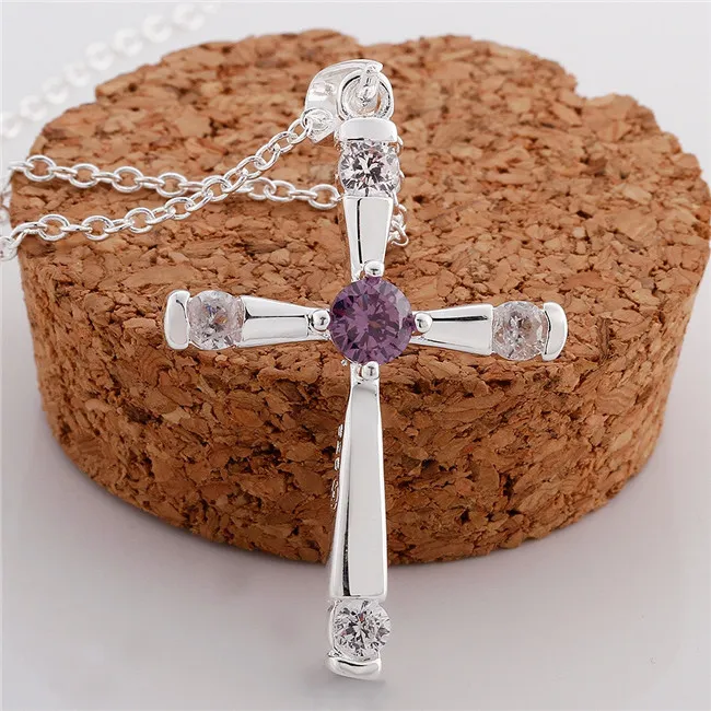 High grade women's cross shape Pendant Necklace purple gemstone sterling silver plated necklace STSN656,fashion 925 silver necklace free