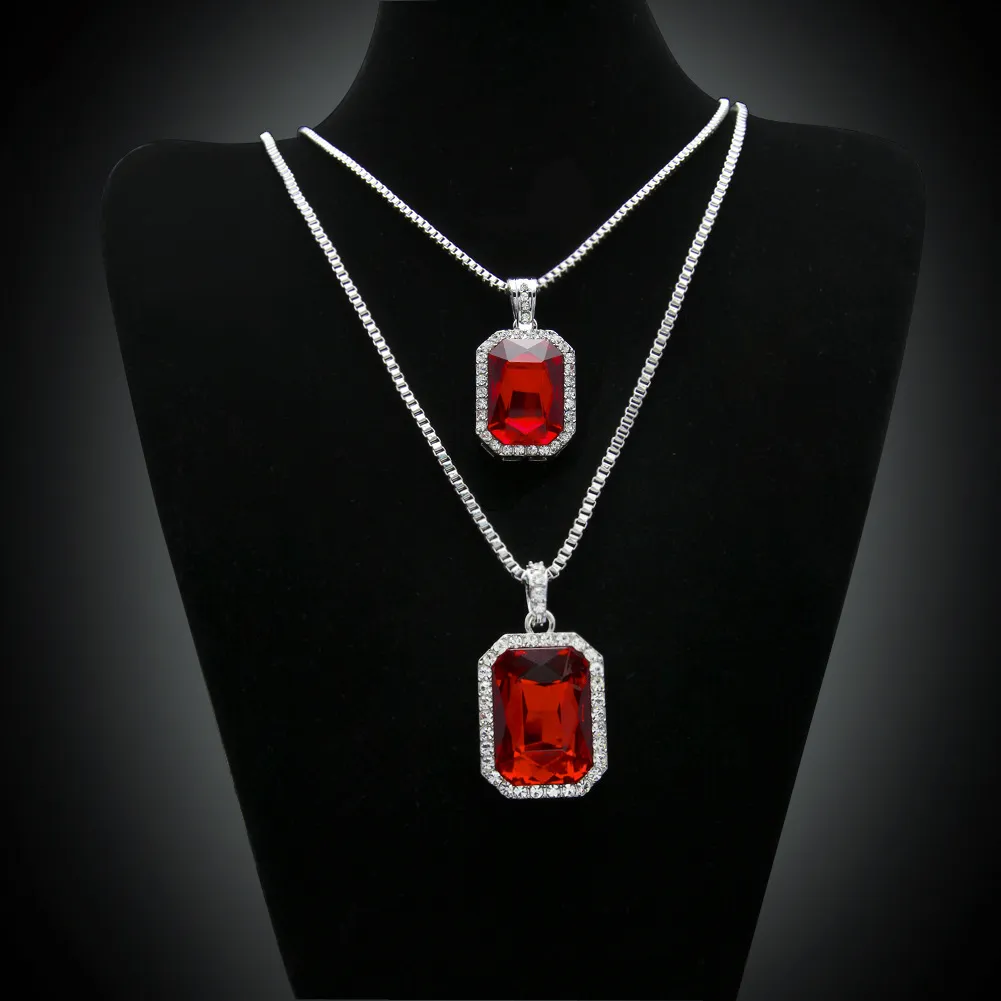 2st Ruby Necklace Jewelry Set Silver Gold Plated Iced Out Square Red Pendant Hip Hop Box Chain293n