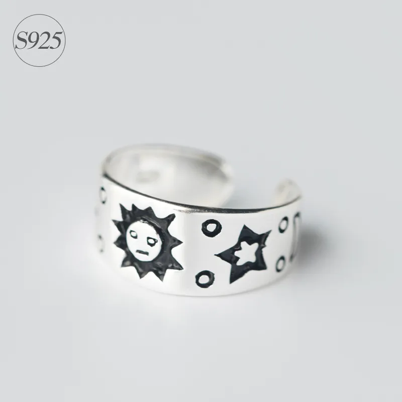 Anillo de la forma de la estrella de la luna de la muchacha de la moda del sol de la muchacha Sólido Real 925 de la plata esterlina de la plata esterlina Anillos de apertura ajustables con una banda pulida alta