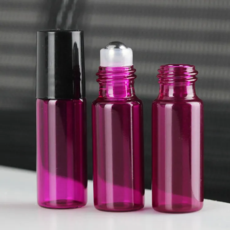 New Popular 5ML garrafas de vidro Roll On coloridos para Perfume óleo essencial com aço inoxidável Rolo e boné preto 5 cores Livre-DHL