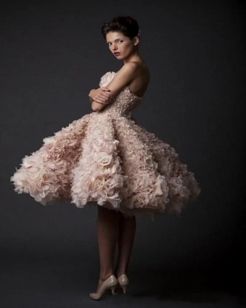 2016 Krikor Jabotian Ball Gown Short Wedding Dresses Charming Blush Pink Organza Flowers Vestido De Noiva Sexy Strapless Bridal Go6443682