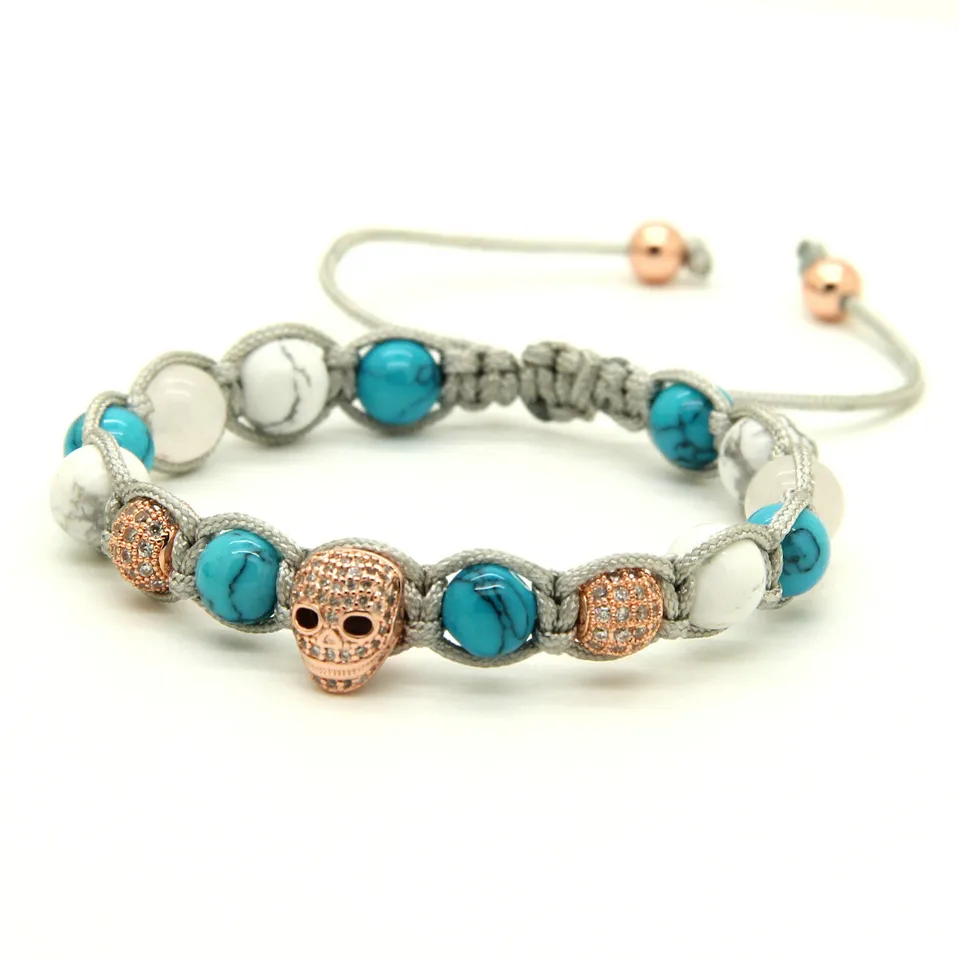 Wholesale 8mm White Howlite & Turquoise Stone Clear Cz Heart Skull Braided European American Macrame Mens Bracelets