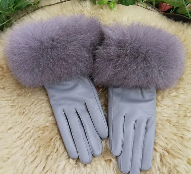 Femmes fourrure de renard gants en peau d'agneau véritable gants en cuir gants en cuir chaud mode 40453253960