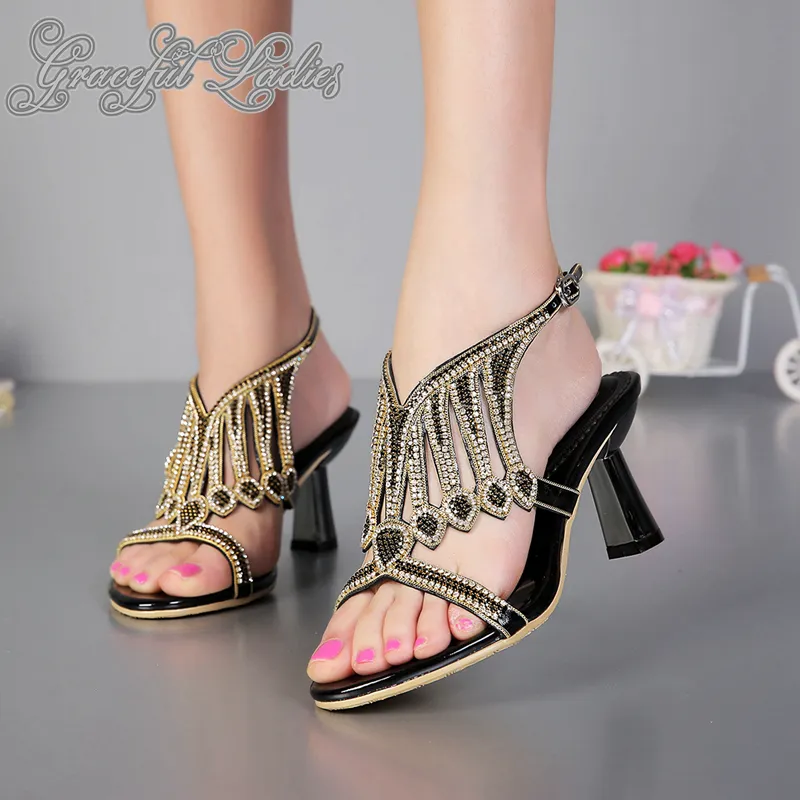 Fashion Jeweled Sandals Rhinestones 8cm Strange Heels Women Sandles Real Photo Shoes Women Slide Sandals Designer Gladiators New Arrival