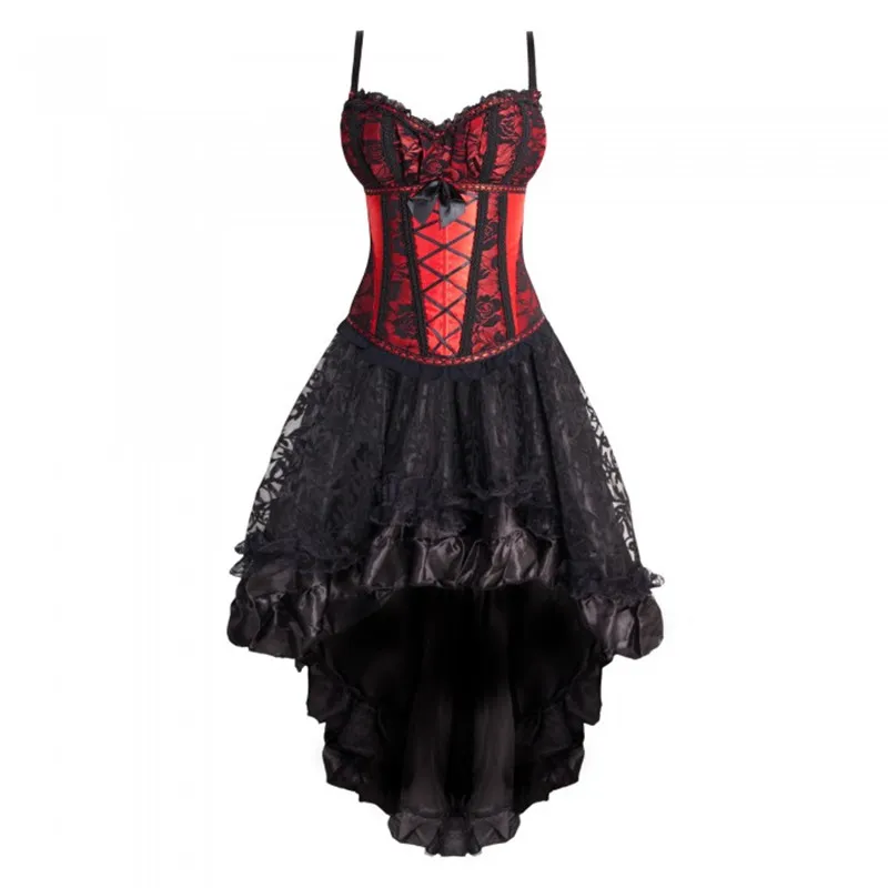 Kobiety Halloween Boże Narodzenie Burlesque Dancing Gorset Sukienka Wyściełane Fisze Cups Bustier Z Wolnej Warstwową Koronką Spódnicą Party Outfit S-XXL