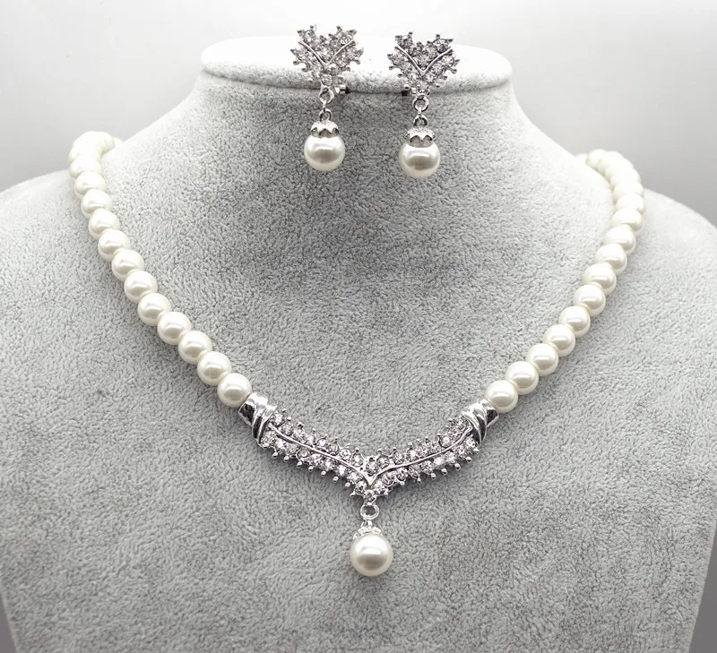 White Gold Plated Cream Faux Glass Pearl and Rhinestone Crystal Wedding Necklace and Earrings Jewelry Sets