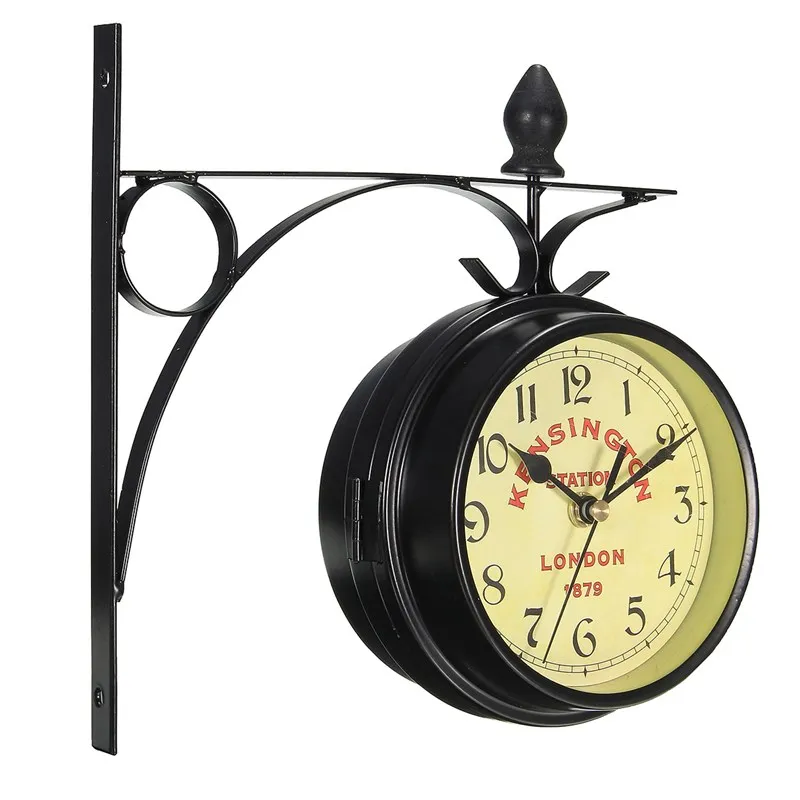 Charminer vintage decorativo de dupla face de metal relógio de parede antiga estação de estação de parede de parede Relógio pendurado relógio preto4894929