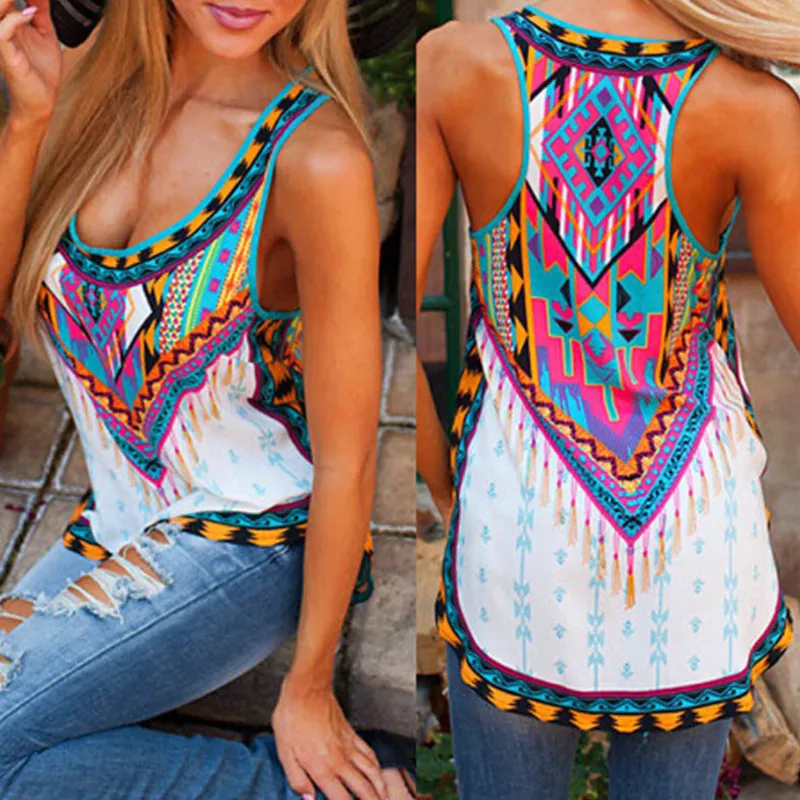 Women Vintage Summer National Printed Vest Tops Sleeveless Tank Tee Free Shipping