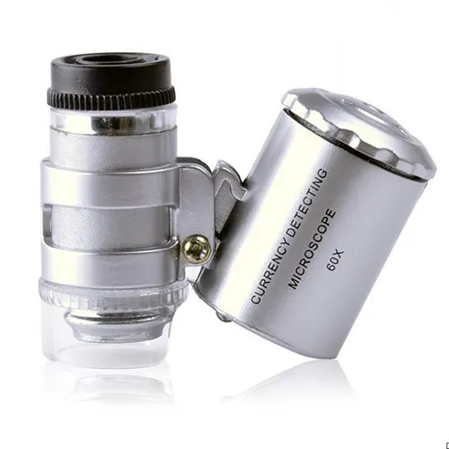 60x MicroScope Jeweler Magnifier 60 x Mini Loupes Malfiers Pocket Jewelry Microskop med LED -ljus med läderpåse Hot Sales
