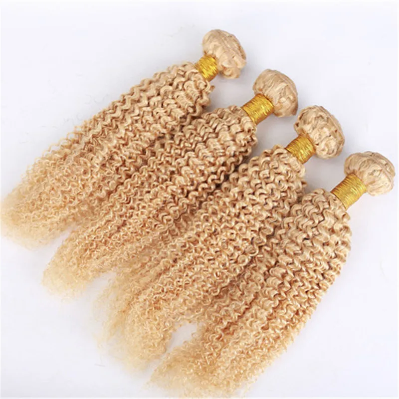 Kinky Krullend Braziliaans # 613 Blonde Menselijk Hair Extensions 4 stks Gouden Blonde Maagd Remy Menselijk Haar Weave Bundels Afro Krullend Dubbele Inslagen