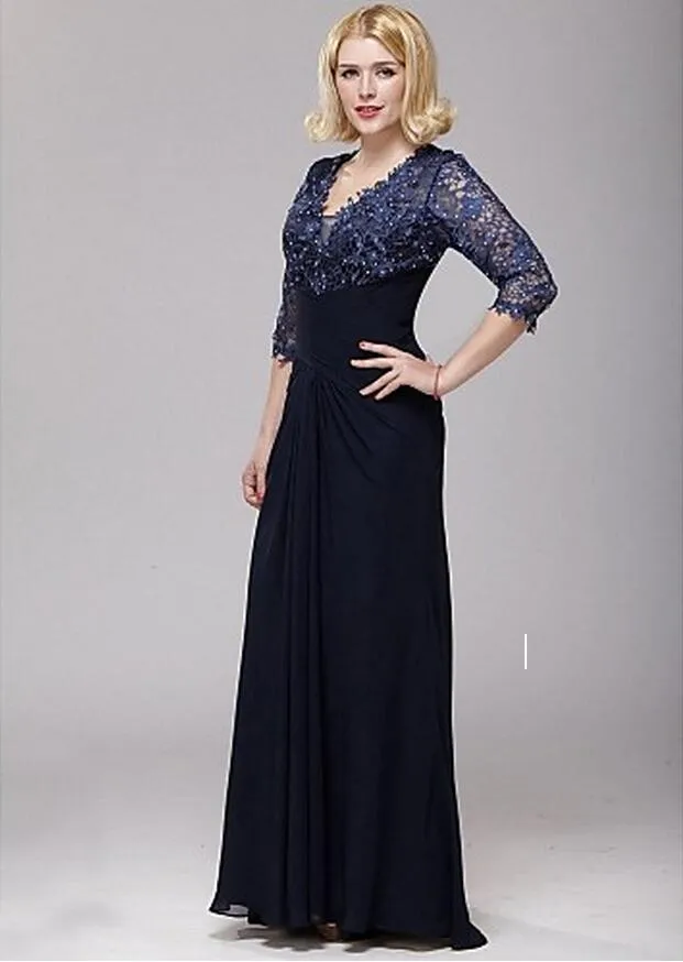 Hot Drilling Sheath V-neck A-line Lace and Chiffon Mother of the Bride Dress 3/4 Sleeve Floor Length Mother's Dresses