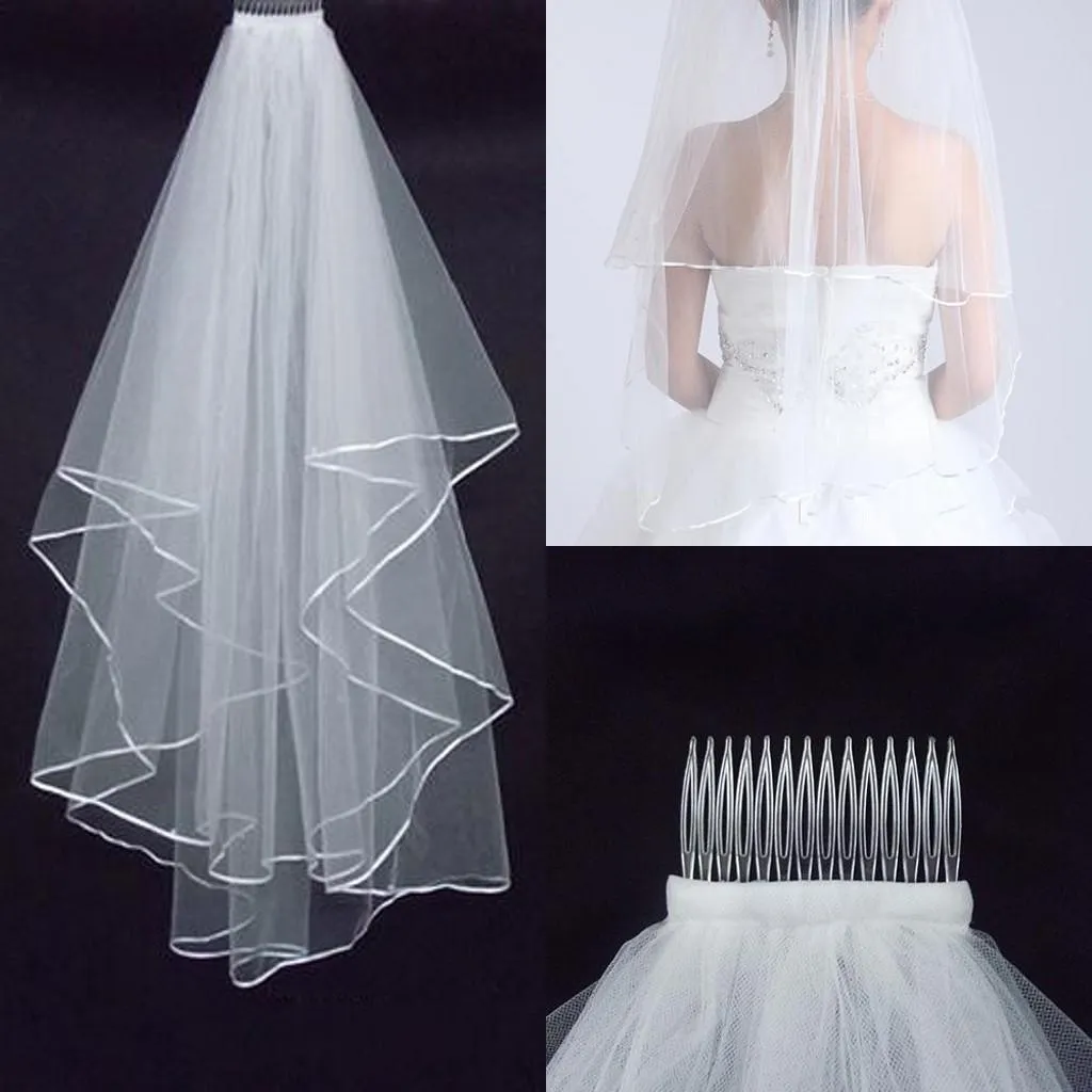 Cheap Two Layers Wedding Veils with Comb White Ivory with Satin Edge for Wedding Accessories Bridal Veils6760588