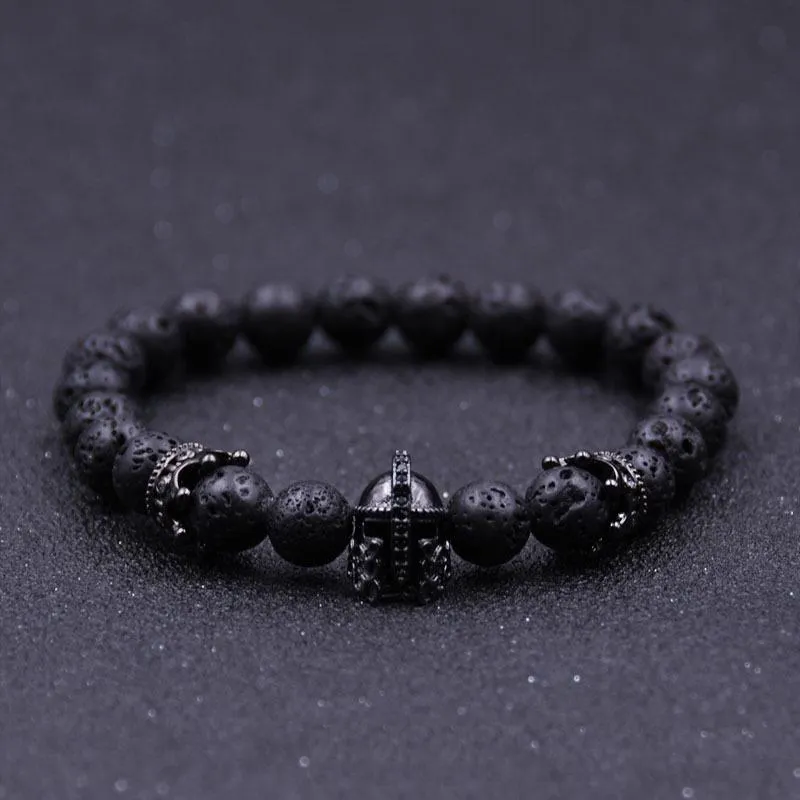 Groothandel nieuwe Romeinse helm armband mannen jongen zwarte lava rock steen kroon kralen energie armbanden sieraden kerstcadeau