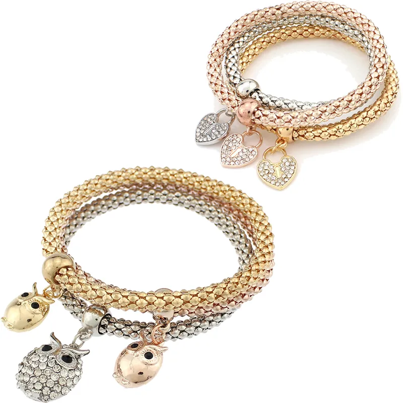 Moda jóias pulseiras 3 peças set three-color de cristal elástico Bar Setting mulheres bangle coração Da Coruja Charme Para fazer jóias pulseira