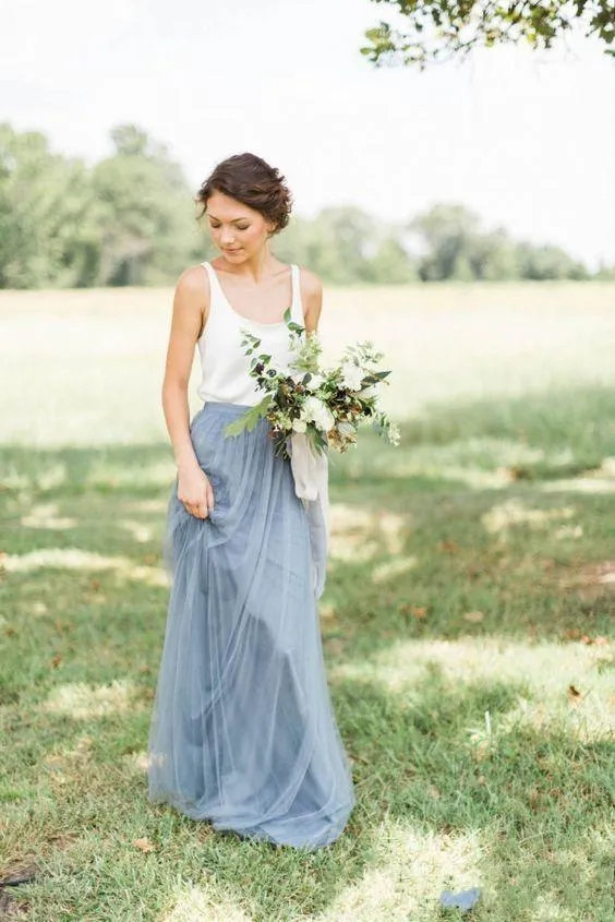 Vintage Two Tone Dusty Blue dress bridesmaid with Scoop Neck and A-Line Silhouette in and Dusty Blue Tulle - Perfect for Country Weddings and Formal Vintage Two Tone Dusty Blue dress bridesmaid with Scoop Neck and A-Line Silhouette in and Dusty Blue Tulle - Perfect for Country Weddings and Formal