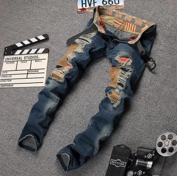 Top Beliebte Hole Ripped Stretch Denim Jeans Lässige Hiphop Biker Hosen Männer Skinny Distressed Vintage Hosen mix bestellen größe