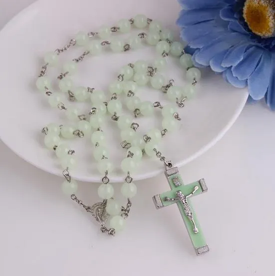 Light Blue Glow in Dark Plastic Rosary Beads Luminous Noctilucent Necklace Fashion Religious Jewelry Party Gift DHN405