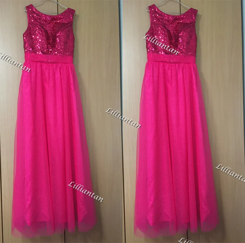 Nigerianska Sequin Bridesmaid Dresses Fuschia Tulle Long Prom Bröllopsfest Gästklänningar Real Image Afrikanska Bellanaija Bröllopsklänningar Anpassning