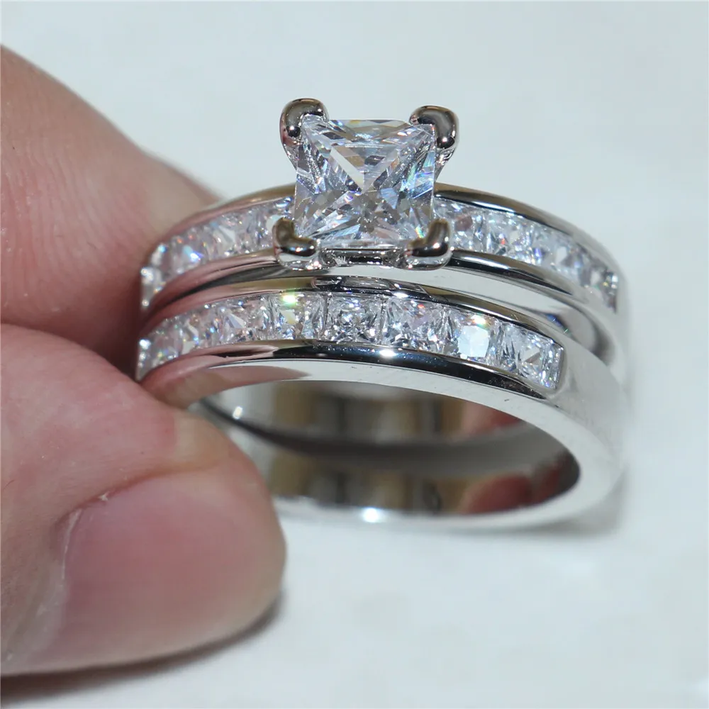 Mode Precious Princess-Cut Gesimuleerde Diamond Zirkoon 925 Silver Engagement Wedding Anniversary Band Rings Set voor Dames Maat 5-10