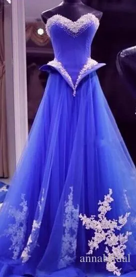 Royal Blue Lange Avondjurken Tule Peplum Elegante Kralen Pailletten Vloerlengte Een lijnkant Applicaties 2019 Vestidos de Festa Lint.