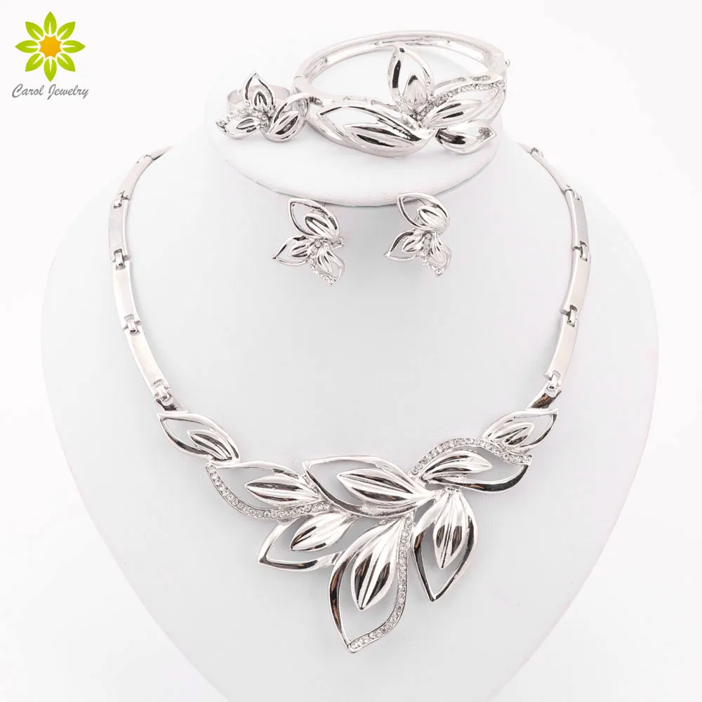 Ensemble de bijoux fantaisie africain, collier en forme de feuilles plaqué argent, ensemble de bijoux élégants pour mariage, dernière nouvelle collection