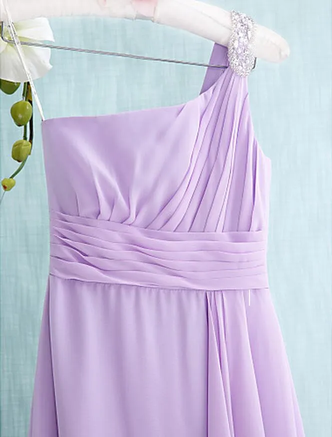 Chiffon coluna de chiffon uma coluna de uma linha de ombro júnior vestidos de dama de honra barato um ombro frisado chão comprimento vestidos sem mangas