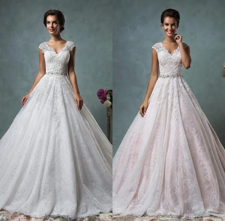 2016 Amelia Sposa Lace Wedding Dresses Cap Sleeves V Neck Beaded A Line Illusion Back Bridal Gowns With Buttons Back