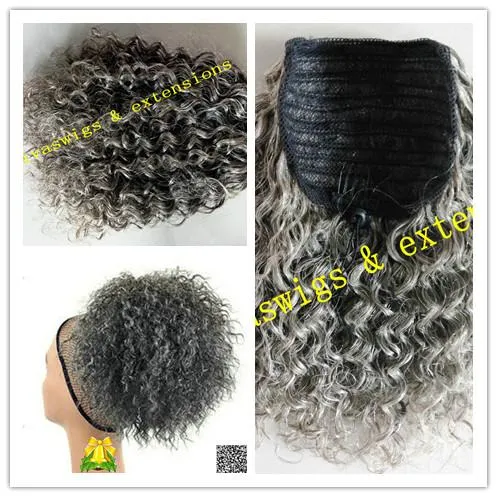 Grijs Menselijk Haar Trekkoord Paardenstaart Extension Korte Hoge Kinky Krullend Haar Grijze haarstukken Upto Hair Extensions met twee Clips