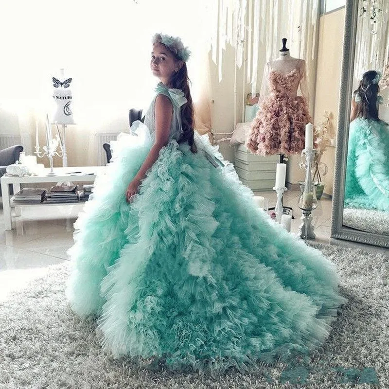 2016 mięta Ball Suknia Kwiat Girl Dresses Puffy Tulle Ruffles Girls Pagewant Suknie Pierwsza Komunia Suknie Z Bow Dziecko Dresses