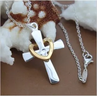 Cross Ten Necklace Gold and Silver Cross Heart Necklace 925 Silver Plated Crucifix Heart Pendant Necklace DHL Christmas Gift