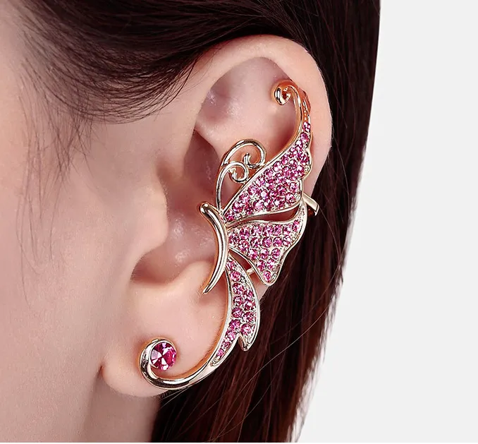 New Fashion Womens Rhinestone Crystal Butterfly Earrings Ear Cuffs Clip on Earring Pendientes Earcuff Nonpiercing Earrings Earing2120706