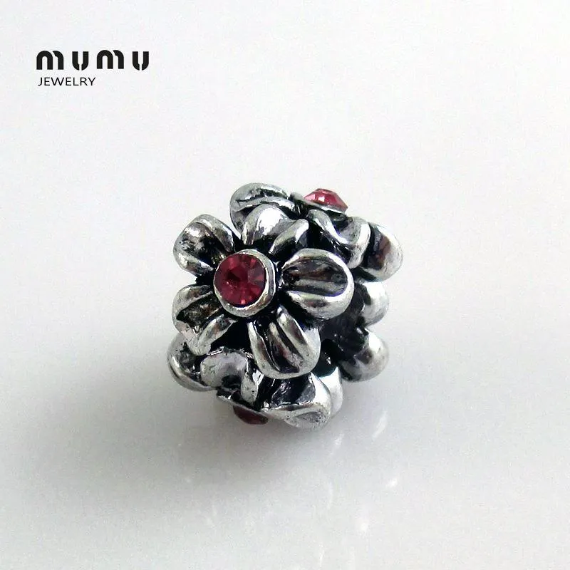 Partihandel DIY Jewelry Flower Charm Pärlor Silver Pläterad med Red Crystal Plum Loose Pärlor Passar europeiska charmarmband gratis frakt3334505