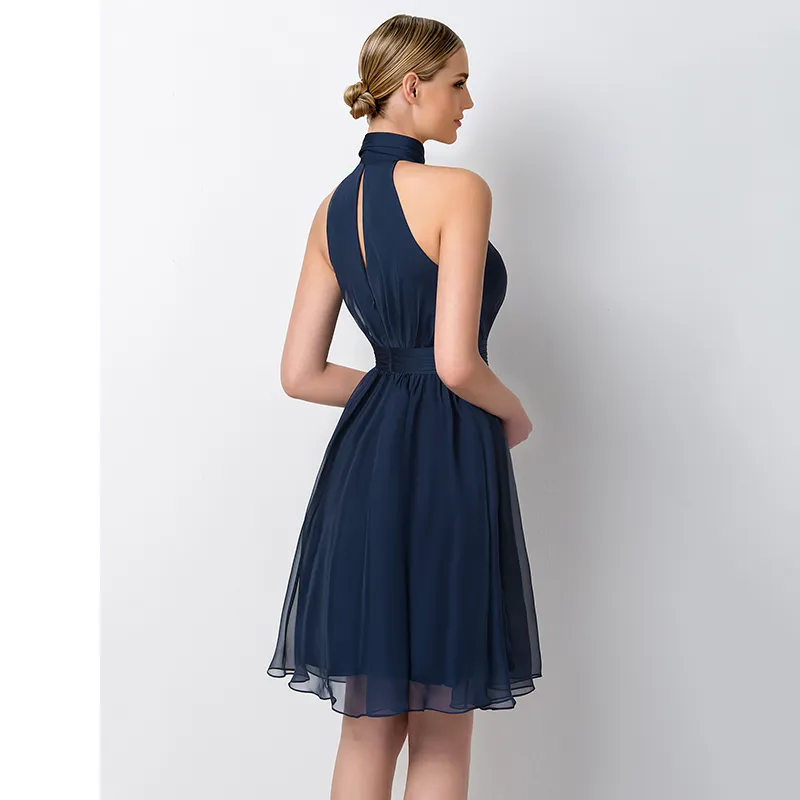Navy Blue Short Bridesmaid Dress High Neck Chiffon Maid of Honor Dress For Junior Wedding Party Gown232F