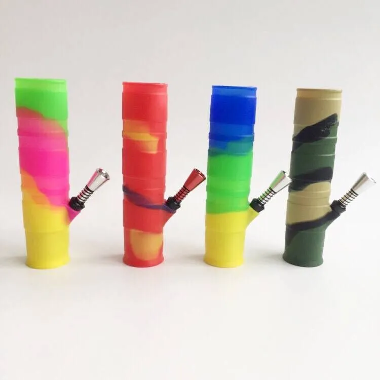 Foldable Silicone Water Pipe Portable Water Pipes 20CM tall Folded Bong Metal Straight Perc Oil Concentrate Used Silicone Bongs