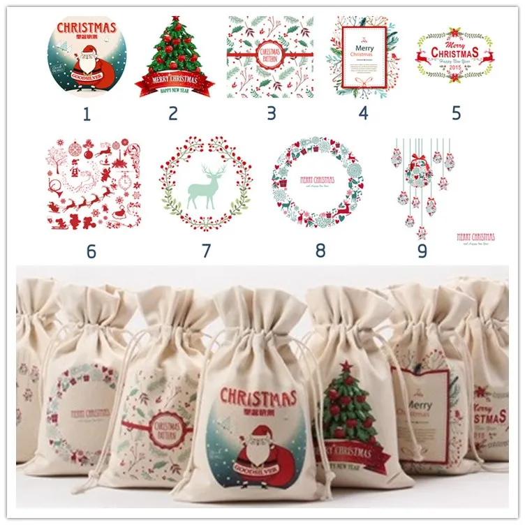 Kerst Canvas Santa Claus Trekkoord Tassen Xmas Geschenken Nieuwe Hot Santa Sneeuwpop Kerstversiering Candy Gift Sack Tassen, 9 items om te kiezen