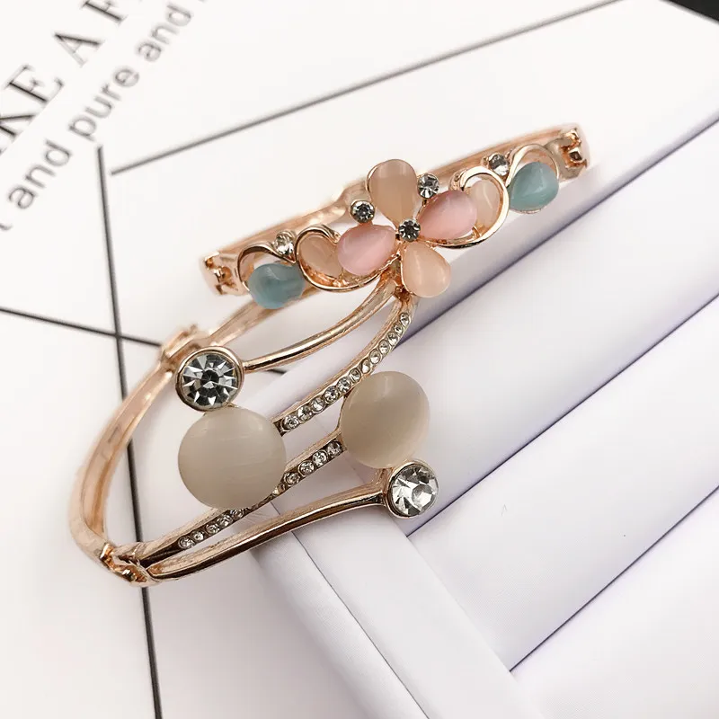 Charm Bangle Bracelet Rose Gold Silver Mix Different Styles Wholesale Cat Eye Gem Rhinestone Jewelry Korean Fashion Quality Bracelet DHL