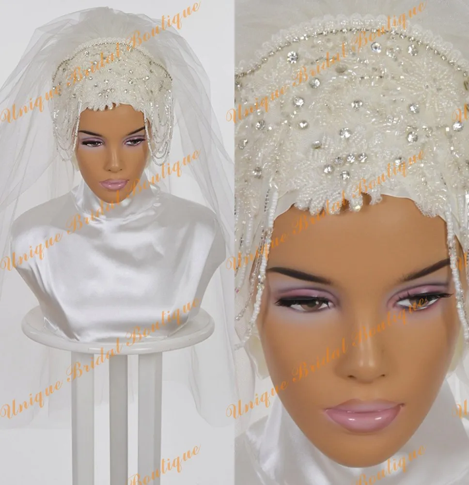 2021 Muzułmańskie welony ślubne z kryształami Dżetów i perły długość łokcia Wedding Bridal Hijab Custom Made