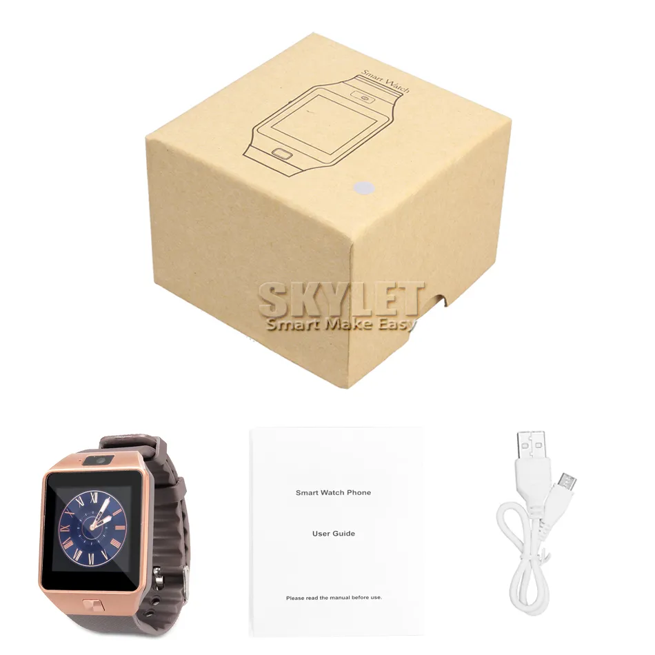 터치 스크린 스마트 브레이슬릿 SIM 지능형 안드로이드 스포츠 시계가있는 DZ09 스마트 시계 소매 상자에 배터리가있는 안드로이드 핸드폰 카메라가있는 시계