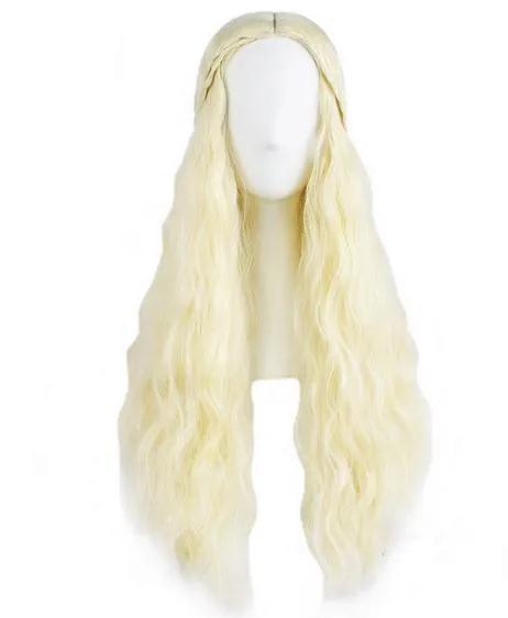 Песня с льдом и огненным волокном волос волос волос волос Daenerys Targaryen Blonde Long Curly Braids Cosplay Wig Party Event