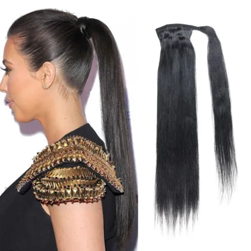 SIlky düz At Kuyruğu İnsan Saç 100% Brezilyalı İnsan Saç Uzantıları Klip Uzatma Pony tail İnsan Saç İpli At Kuyruğu 120g