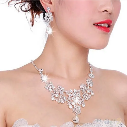 Women Fashion Crystal Wedding Earrings Jewelry Adjustable Pendant Necklace Bridal Jewelry Sets Accessories