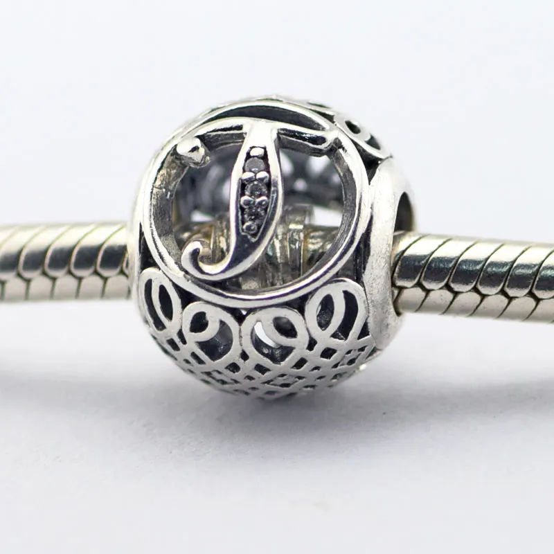 Passar Pandora Charms Armband 100% 925 Silver Letter Charm Alfabet T Vintage Pärlor Kvinnor DIY Smycken Partihandel