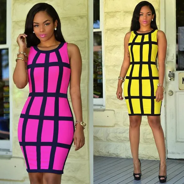 Hot Sexy Fluorescent Color Bodycon Dresses Sleeveless Sailor Plaid Collar Slim Women