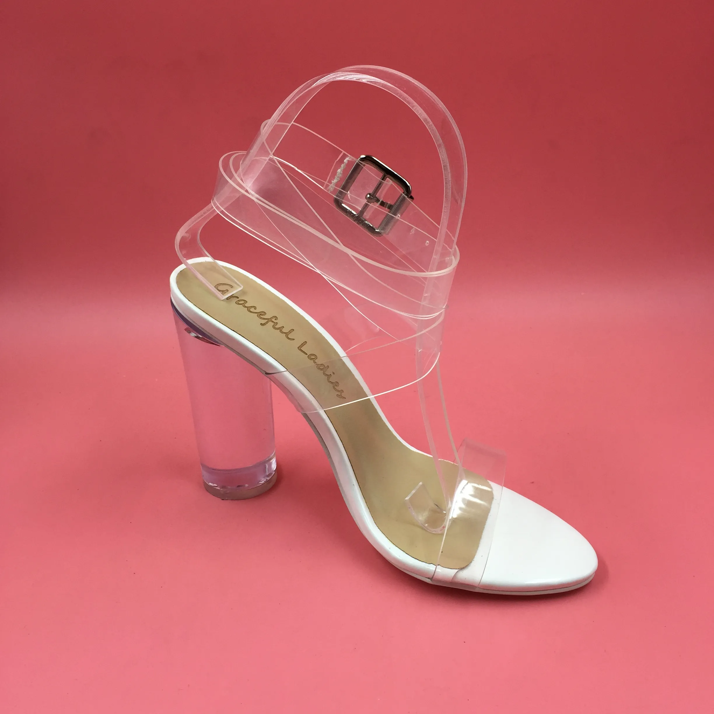 Kim Kardashian PVC Women Sandals Ankle Strap Round Clear High Heels 10cm Real Images Sexy Party Sandals Transparent Plastic