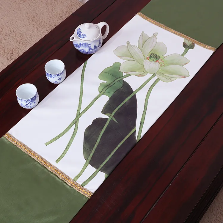 Lengthen Classic Lotus Table Runner Luxury Table Mats High Quality Chinese style Silk Brocade Dining Room Table Cloth Placemat 230x33 cm