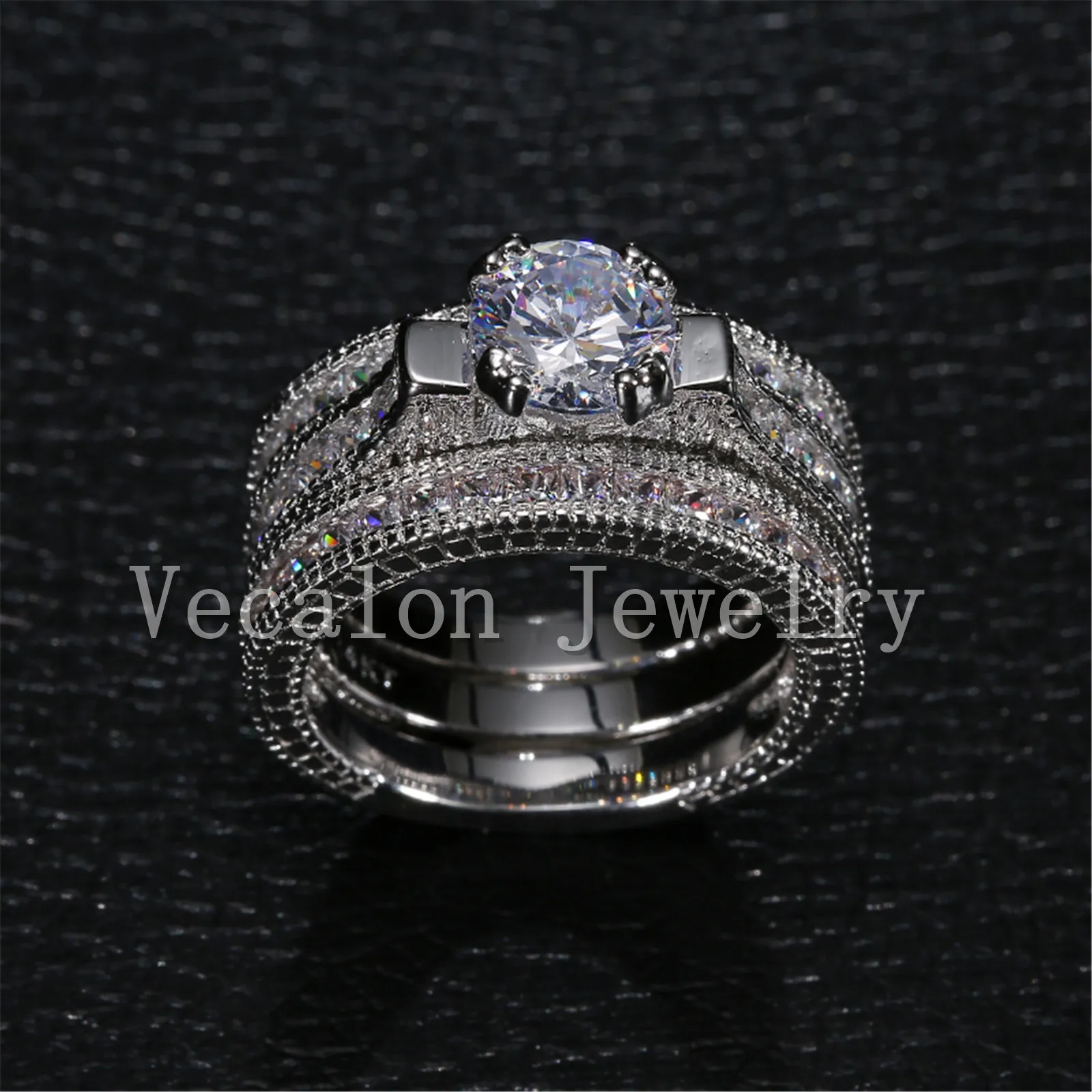 Vecalon Vintage Pierścień 3CT symulowany Diament CZ 14KT White Gold Wypełnione 3-in-1 Zaręczyny Pierścień Zaręczyny Zestaw do kobiet Sz 5-11