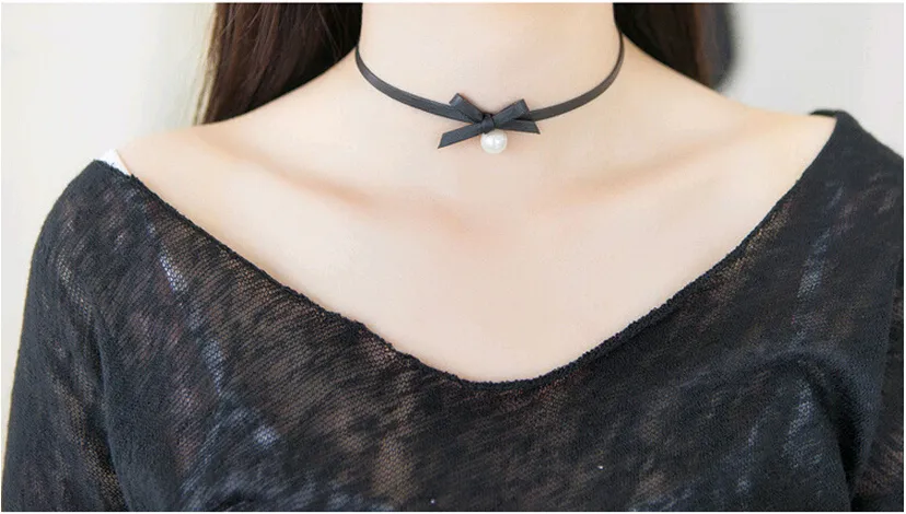 Preto Branco Pérola Colar Gargantilha Colar Estilo Arco De Couro Do Punk Collar Bone Torques Colares Adolescente Moda Jóias Coreano