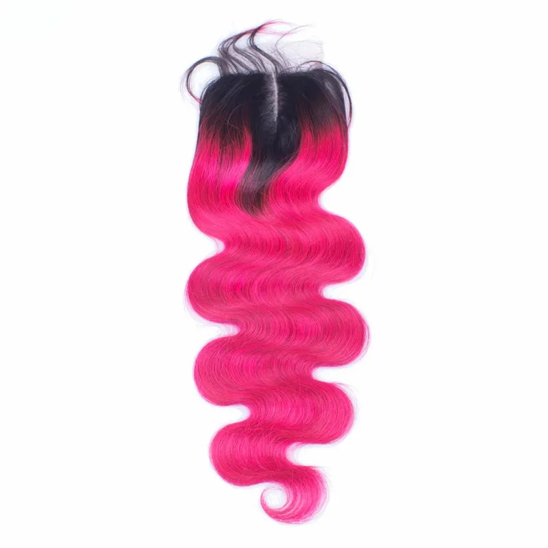 T1B Pink Ombre Virgin Brazilian Body Wave Hair With Closure Dark Roots Two Tone Colored 3Bundles With 4x4 Lace Closur5952638