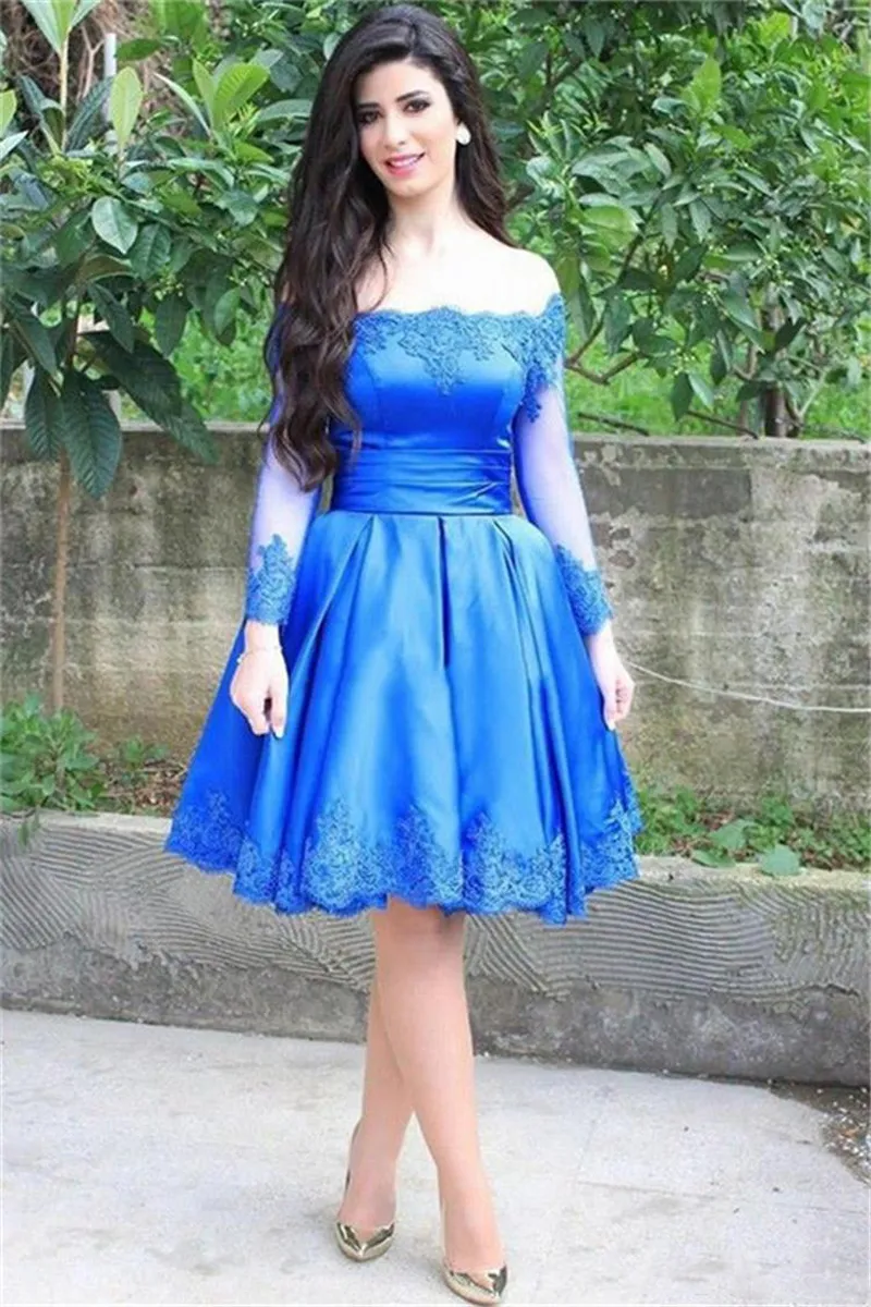 Royal Blue Lace Applique Knielengte Party Cocktail Jurken Off Shoulder Ruches Satin Corset Prom Dress Long Mouw